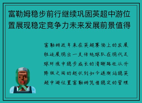 富勒姆稳步前行继续巩固英超中游位置展现稳定竞争力未来发展前景值得期待